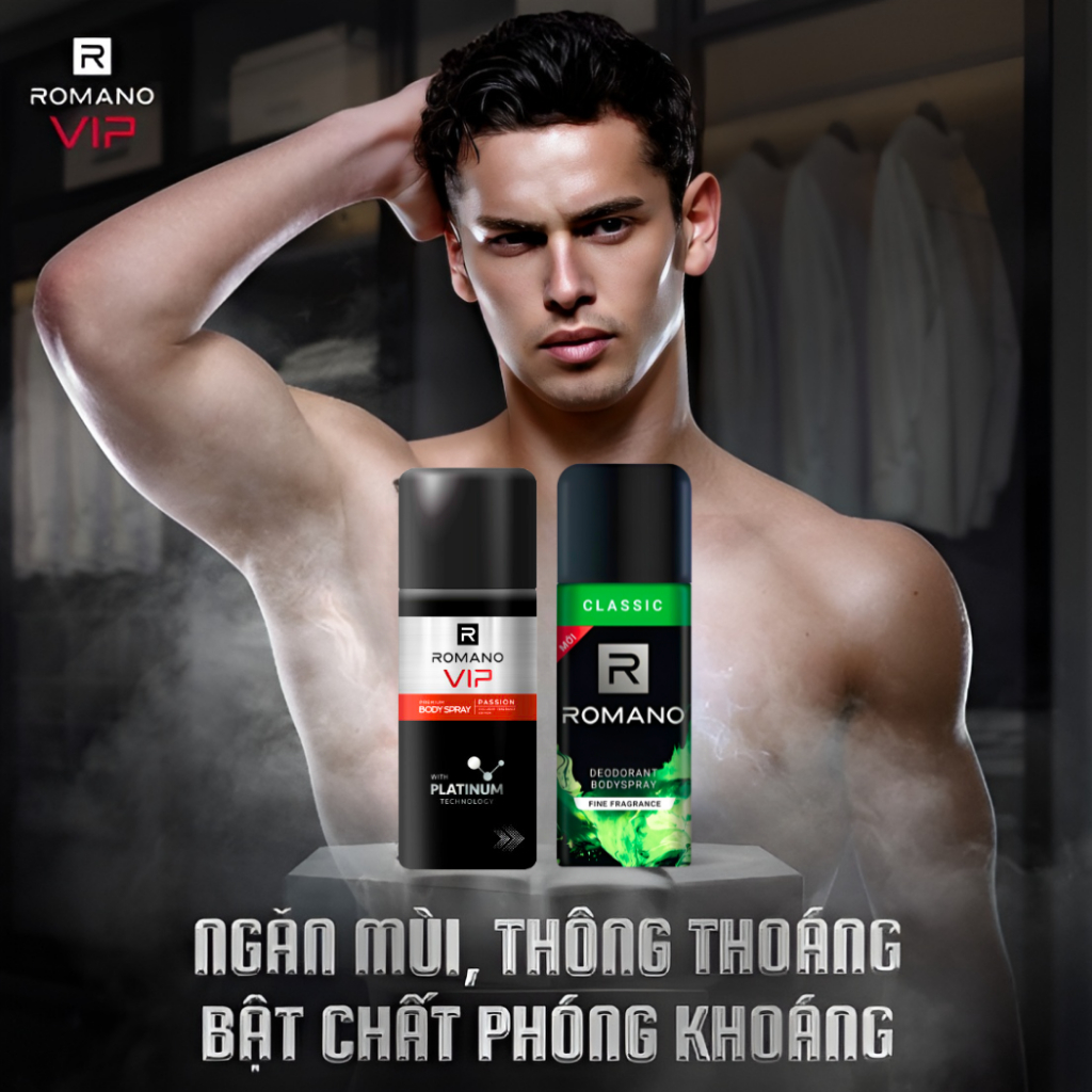 Xịt Khử Mùi Nam, Lăn Nách Khử Mùi Romano, Xịt Thơm Body Toàn Thân Ngăn Mồ Hôi Mùi Cơ Thể Kháng Khuẩn Khô Thoáng Cả Ngày
