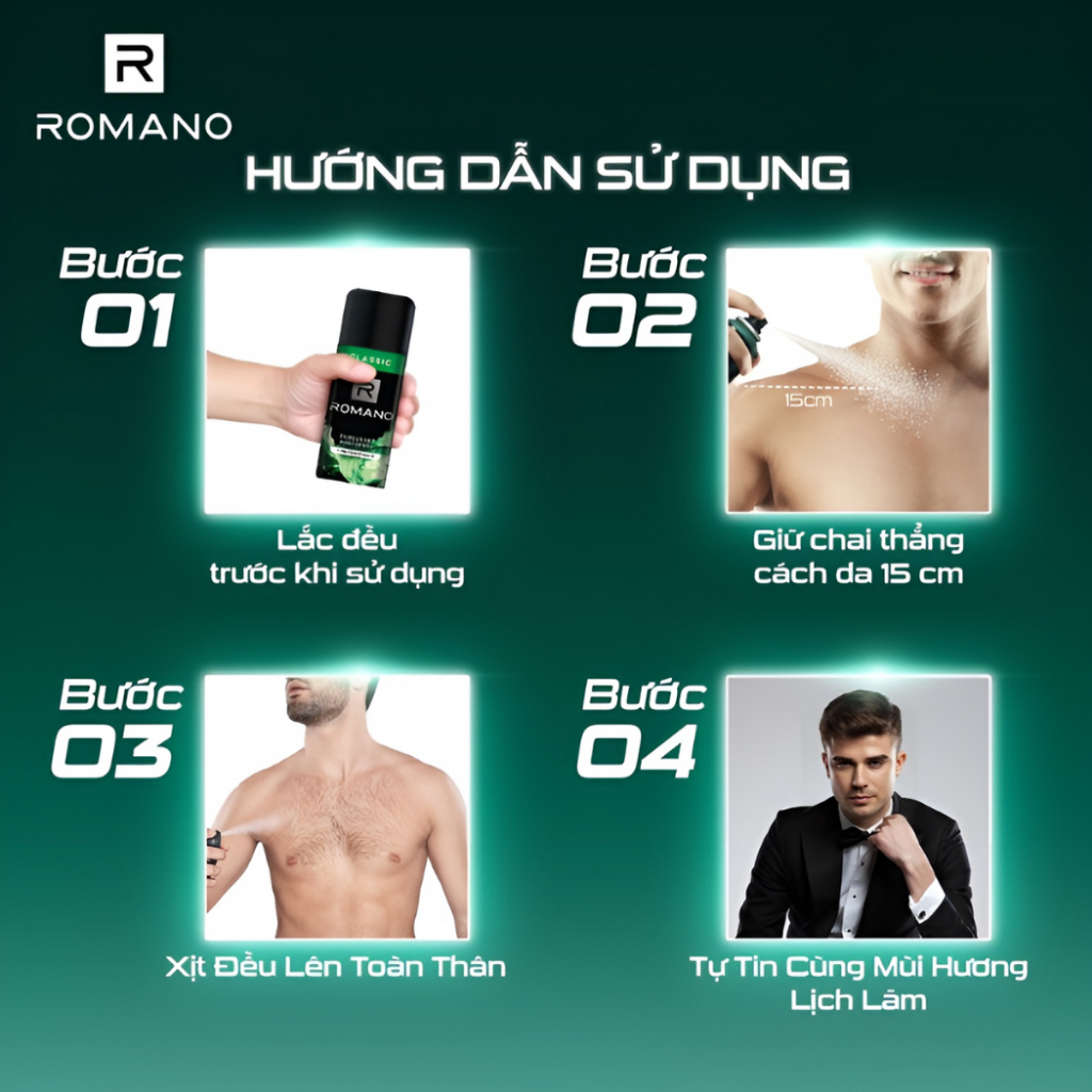 Xịt Khử Mùi Nam, Lăn Nách Khử Mùi Romano, Xịt Thơm Body Toàn Thân Ngăn Mồ Hôi Mùi Cơ Thể Kháng Khuẩn Khô Thoáng Cả Ngày