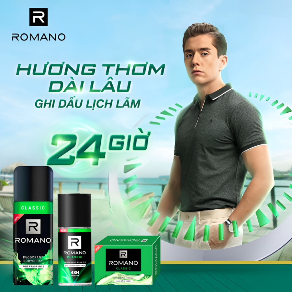 Xịt Khử Mùi Nam, Lăn Nách Khử Mùi Romano, Xịt Thơm Body Toàn Thân Ngăn Mồ Hôi Mùi Cơ Thể Kháng Khuẩn Khô Thoáng Cả Ngày
