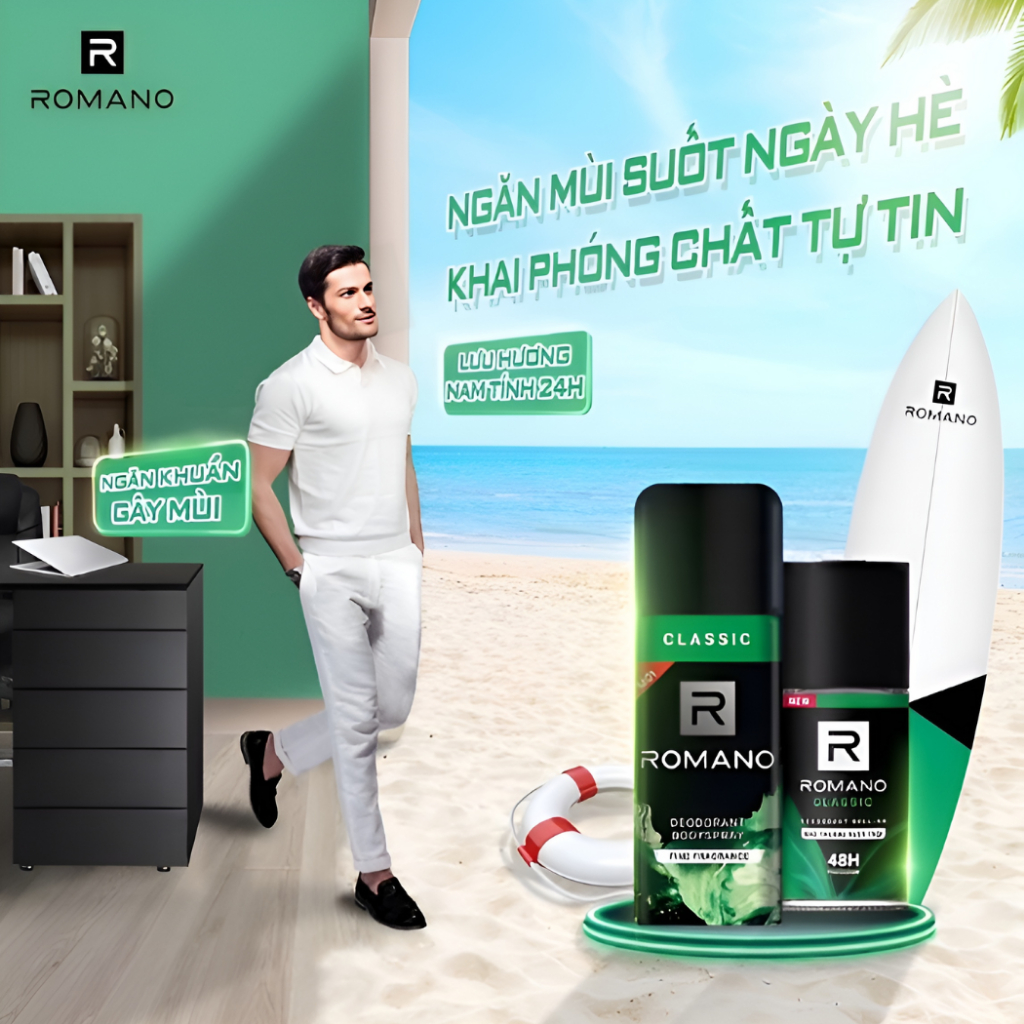Xịt Khử Mùi Nam, Lăn Nách Khử Mùi Romano, Xịt Thơm Body Toàn Thân Ngăn Mồ Hôi Mùi Cơ Thể Kháng Khuẩn Khô Thoáng Cả Ngày
