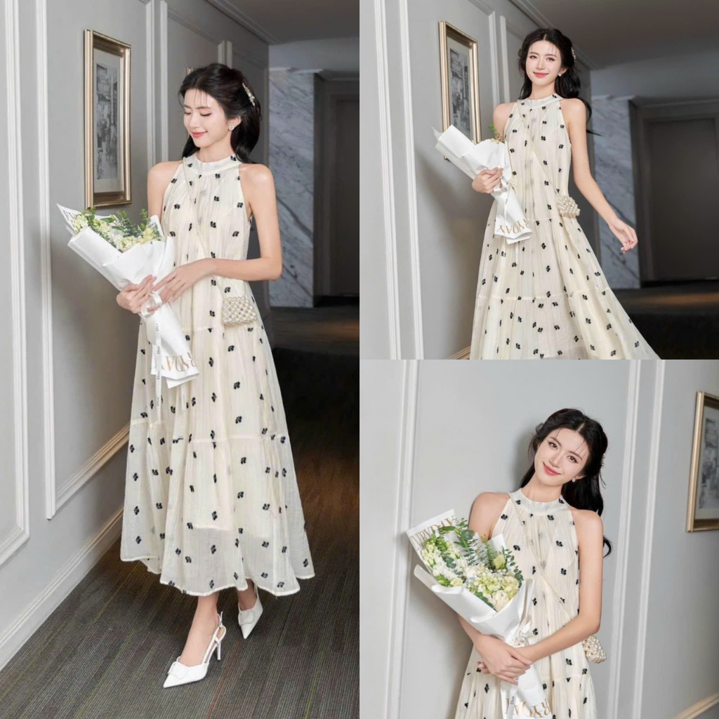 Đầm váy nữ cổ yếm họa tiết chấm hoa dáng suông ( có lót ) tôn dáng xinh xắn đi chơi dự tiệc