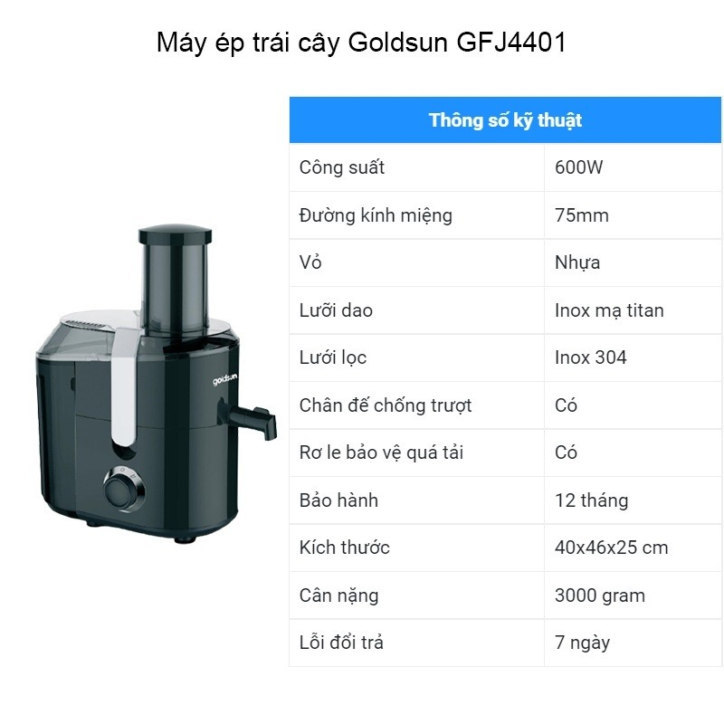 Máy ép trái cây Goldsun GFJ4401, máy ép chậm trái cây, hoa quả, nước ép, bảo hành chính hãng 12 tháng