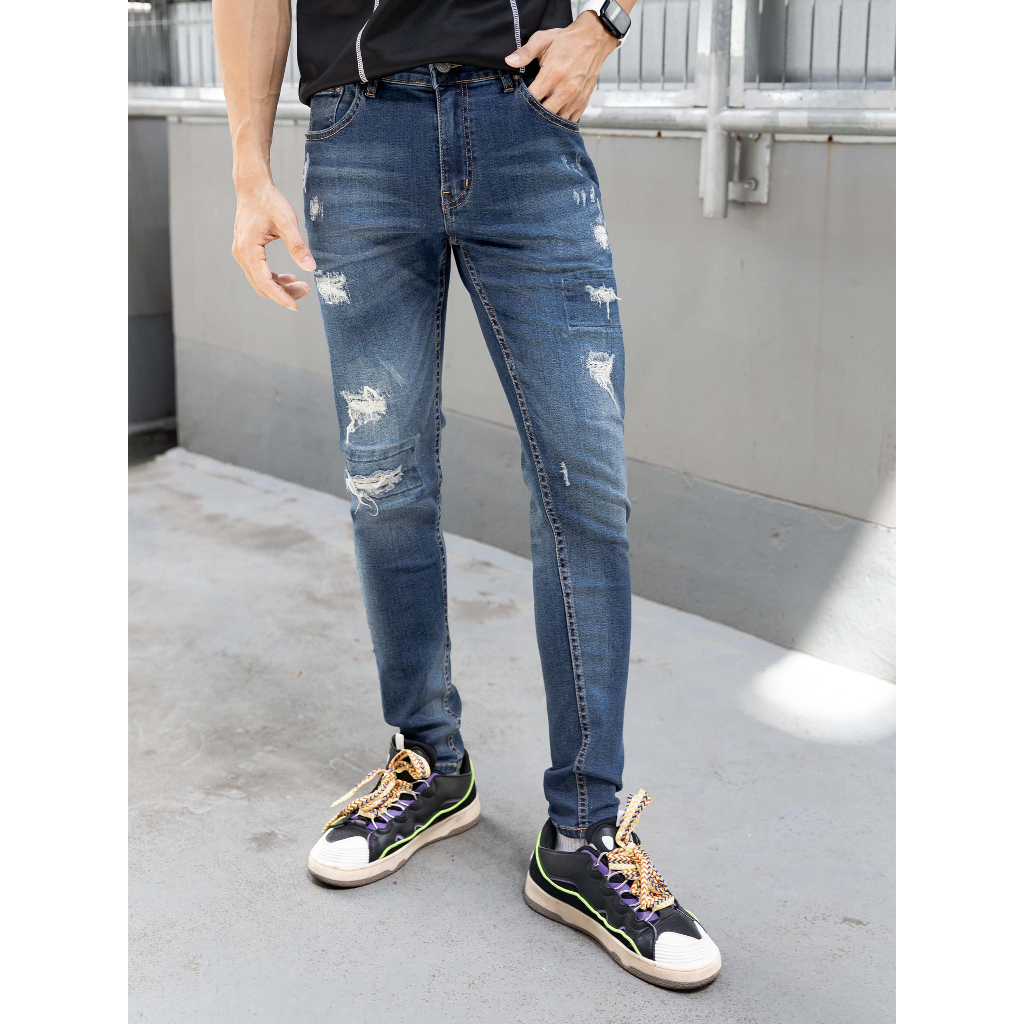 Quần Jean Nam Skinny Detailrip Blue Block, Chất Vải Jean Co Dãn Thoải Mái, QJ0044, SOMEHOW