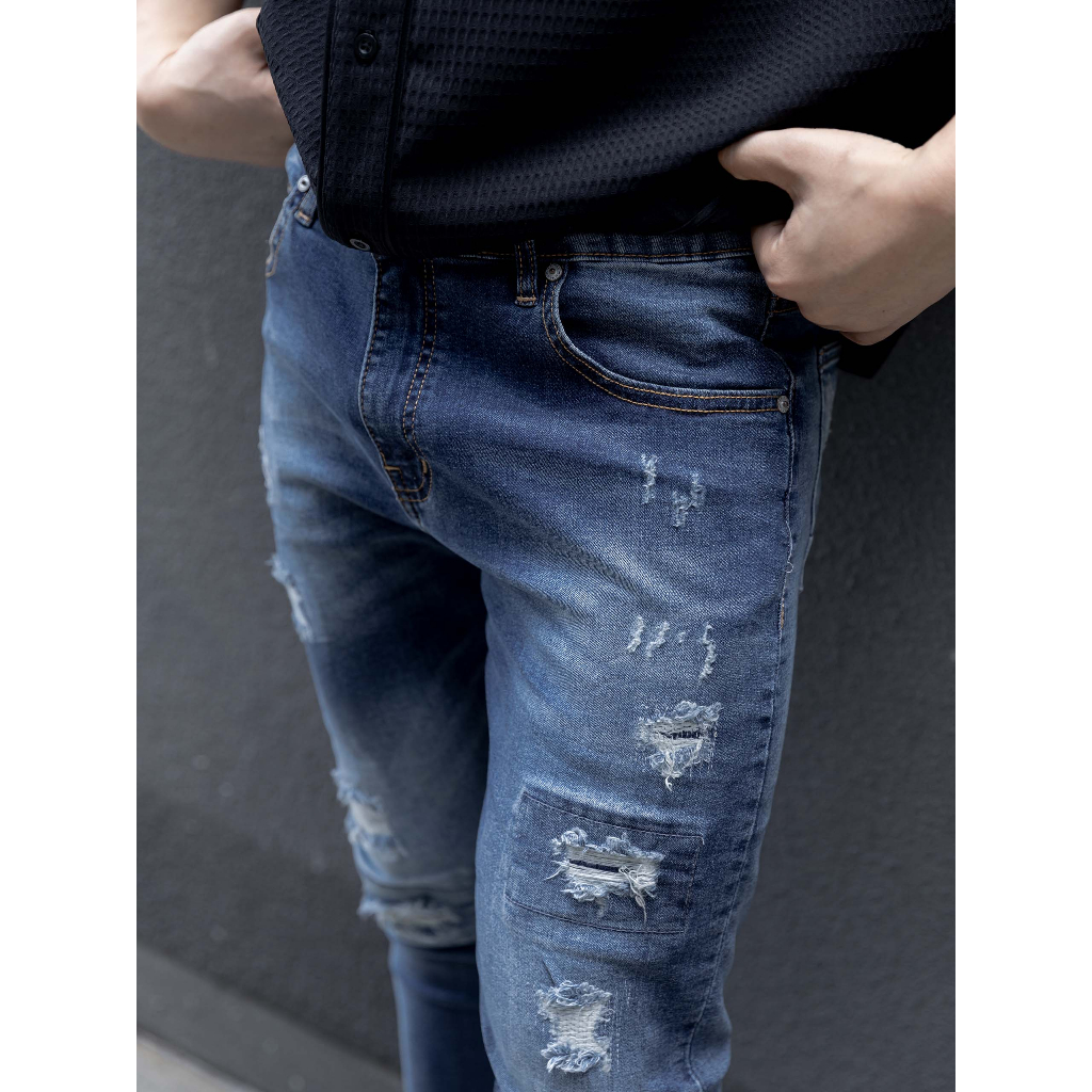 Quần Jean Nam Skinny Detailrip Blue Block, Chất Vải Jean Co Dãn Thoải Mái, QJ0044, SOMEHOW