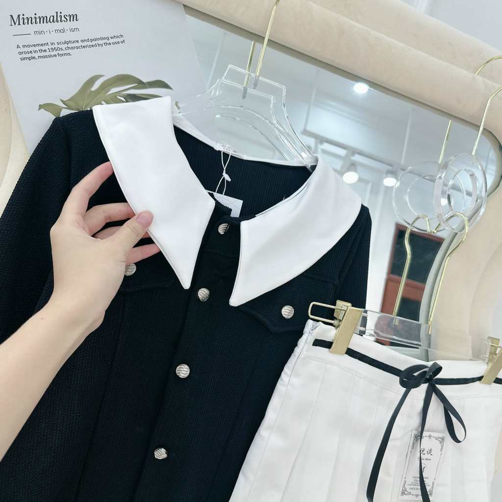 SET ÁO LEN MIX CHÂN VÁY XẾP LY TIỂU THƯ LẮM Ạ