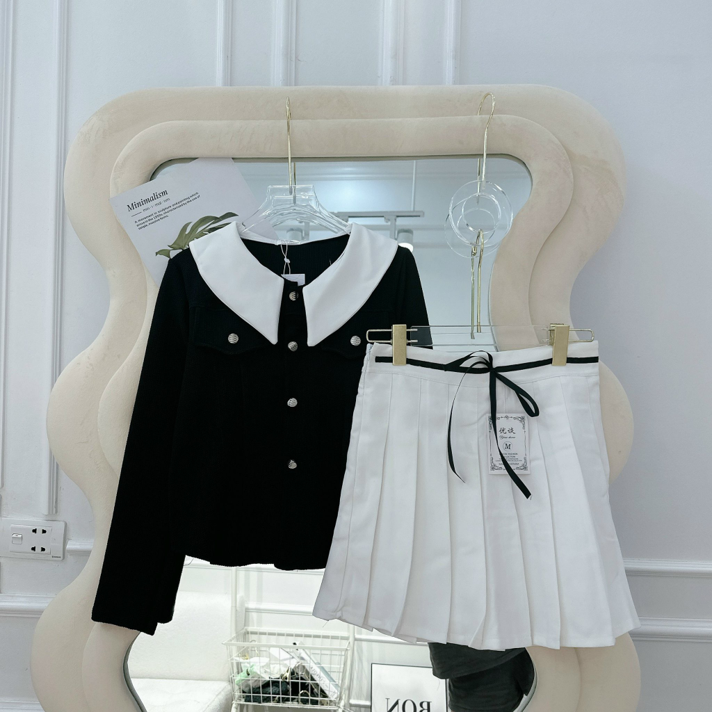 SET ÁO LEN MIX CHÂN VÁY XẾP LY TIỂU THƯ LẮM Ạ