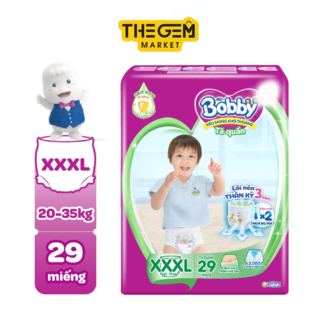 Tã quần Bobby lõi nén thần kì 3mm gạo non L48/XL46/XXL42/XXXL29