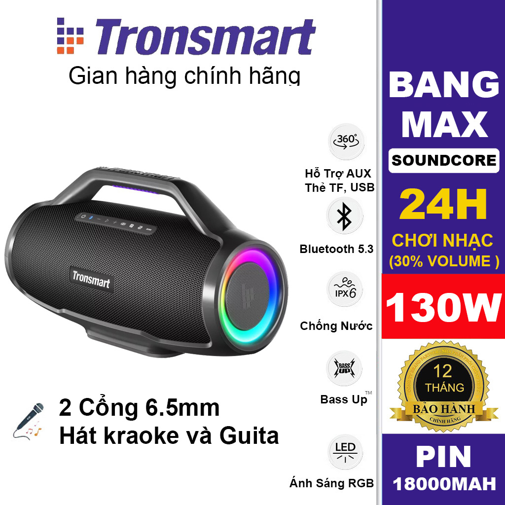 Loa Karaoke Bluetooth 5.3 Tronsmart Bang Max Cong Suất 130W, Tích Hợp Cổng Cắm Micro Hát Karaoke, Kháng Nước IPX6