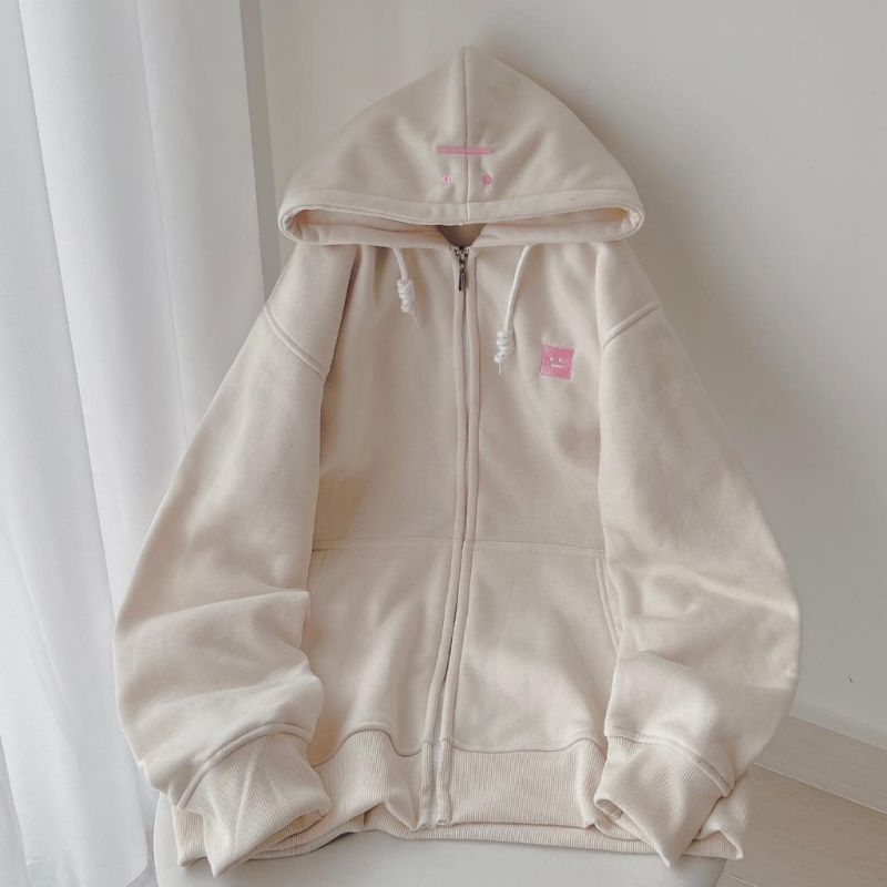 Áo Khoác Nỉ Mũ  Logo Mặt Cười Vuông  Chất Nỉ Bông Dày Dặn Phong Cách Hàn Quốc Sành Điệu