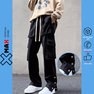 Quần kaki túi hộp nam ống rộng gấu xẻ cúc bấm XMAX cạp chun dáng đứng cargo pants ống suông B084