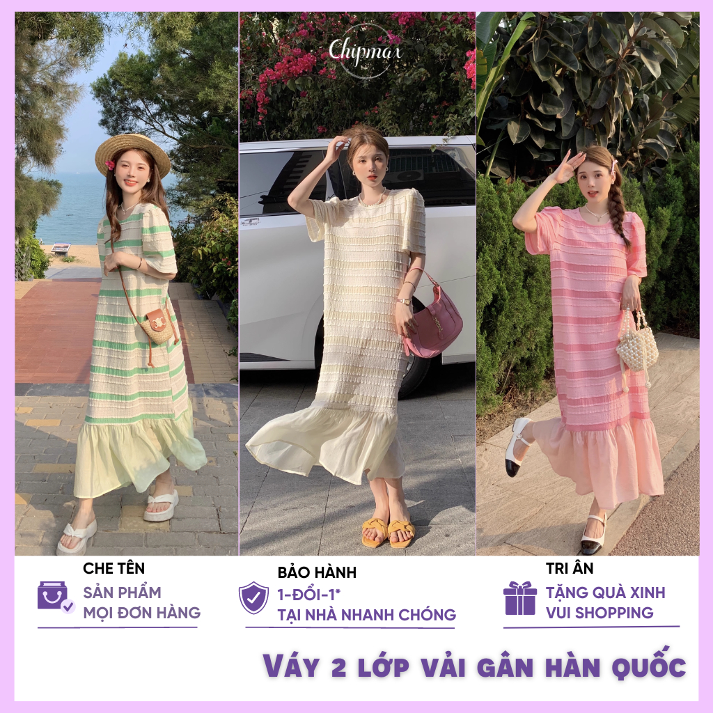 Đầm bầu váy suông đuôi cá kẻ dáng dài 3 màu xanh hồng trắng vải voan tơ Hàn Quốc sang chảnh đi làm đi tiệc Chipmax-VB7