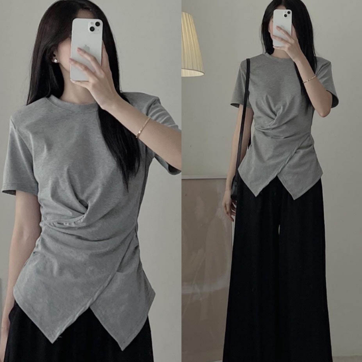 Áo thun nữ cổ tròn trơn nhúm eo vạt chéo thương hiệu Xavia AT 01