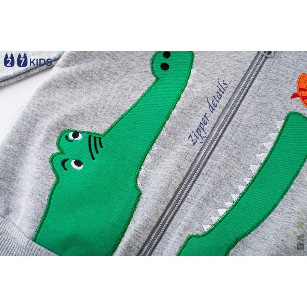ÁO KHOÁC COTTON NỈ 27KIDS, AÓ KHOÁC NỈ DÀI TAY CÓ MŨ KHOÁ KÉO, HOẠ TIẾT 🐠 🐊THÊU NỔI DỄ THƯƠNG BÉ TRAI SIZE ĐẠI