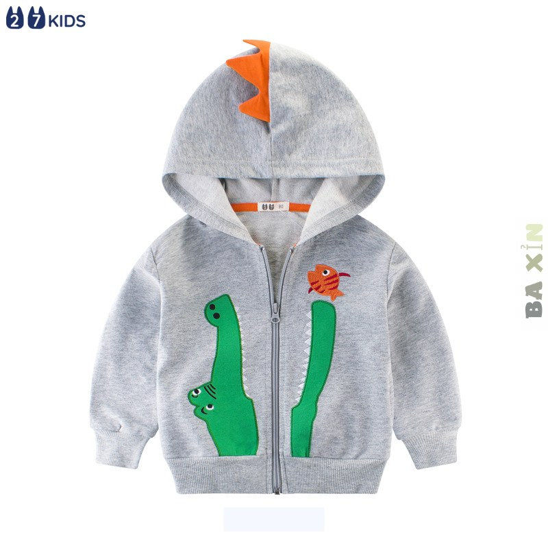 ÁO KHOÁC COTTON NỈ 27KIDS, AÓ KHOÁC NỈ DÀI TAY CÓ MŨ KHOÁ KÉO, HOẠ TIẾT 🐠 🐊THÊU NỔI DỄ THƯƠNG BÉ TRAI SIZE ĐẠI