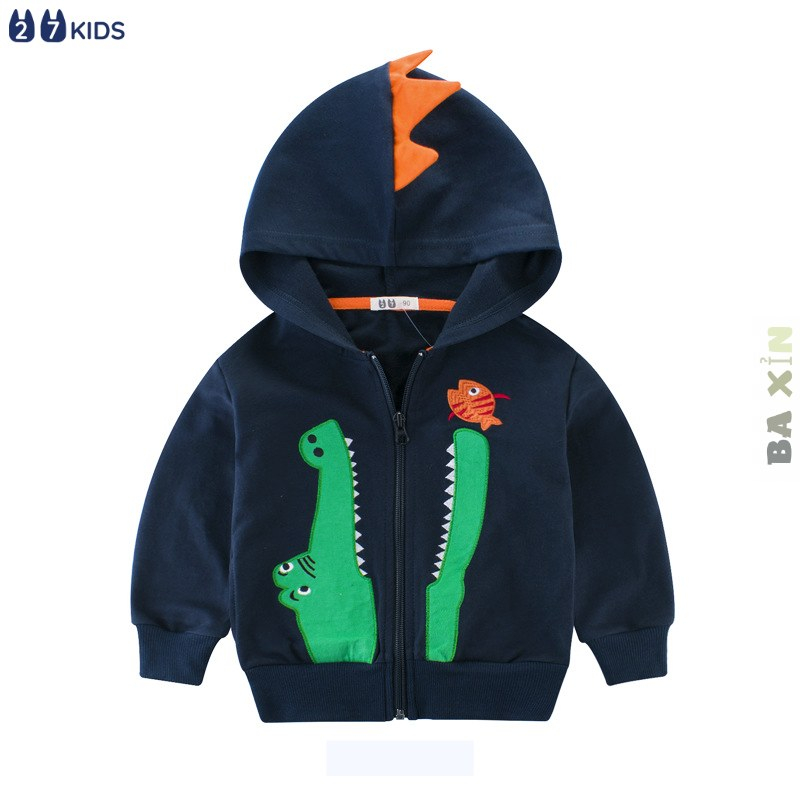 ÁO KHOÁC COTTON NỈ 27KIDS, AÓ KHOÁC NỈ DÀI TAY CÓ MŨ KHOÁ KÉO, HOẠ TIẾT 🐠 🐊THÊU NỔI DỄ THƯƠNG BÉ TRAI SIZE ĐẠI