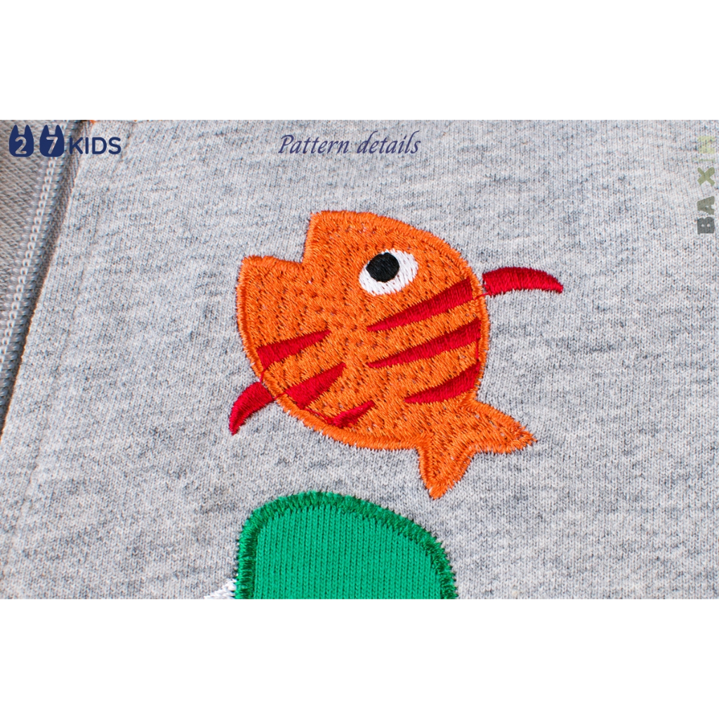 ÁO KHOÁC COTTON NỈ 27KIDS, AÓ KHOÁC NỈ DÀI TAY CÓ MŨ KHOÁ KÉO, HOẠ TIẾT 🐠 🐊THÊU NỔI DỄ THƯƠNG BÉ TRAI SIZE ĐẠI