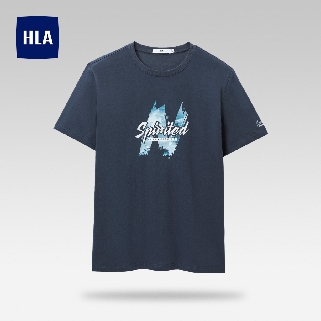 HLA -  Áo thun nam ngắn tay in chữ hút ẩm thoáng khí Letter printed moisture round neck T-shirt