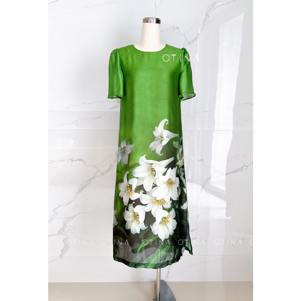 Đầm tơ loa kèn xanh