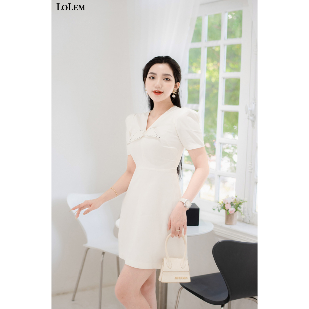 Đầm chữ A phom ngắn LOLEM DX446 cổ V chất linen Quảng Châu thoáng mát