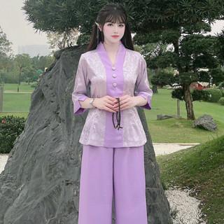 BÀ LAI GẤM Trang phục truyền thống Bộ quần áo mặc nhà, Quần áo nữ Phật Tử, đồ lam Đi Chùa mẫu