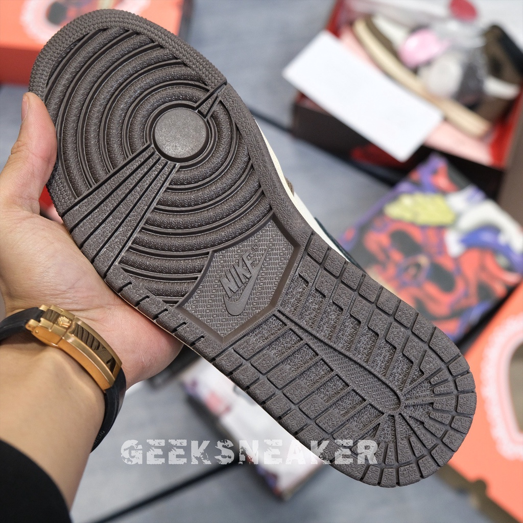 Giày Snea.ker Air Jor.dan 1 High Travis Scott - Phiên bản Xịn Màu jd Mocha Xanh Rêu Da Bò