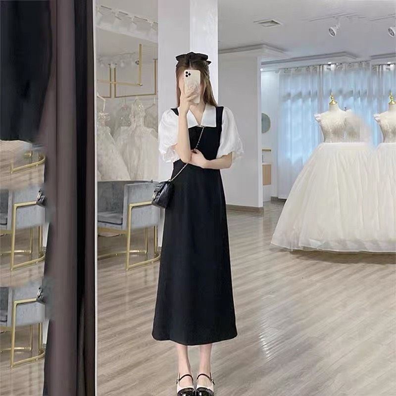 Sét Váy Yếm 2 Dây Nữ Basic Mix Áo Sơ Mi Polo Tay Phồng Trắng Size S M - Halinh Shop