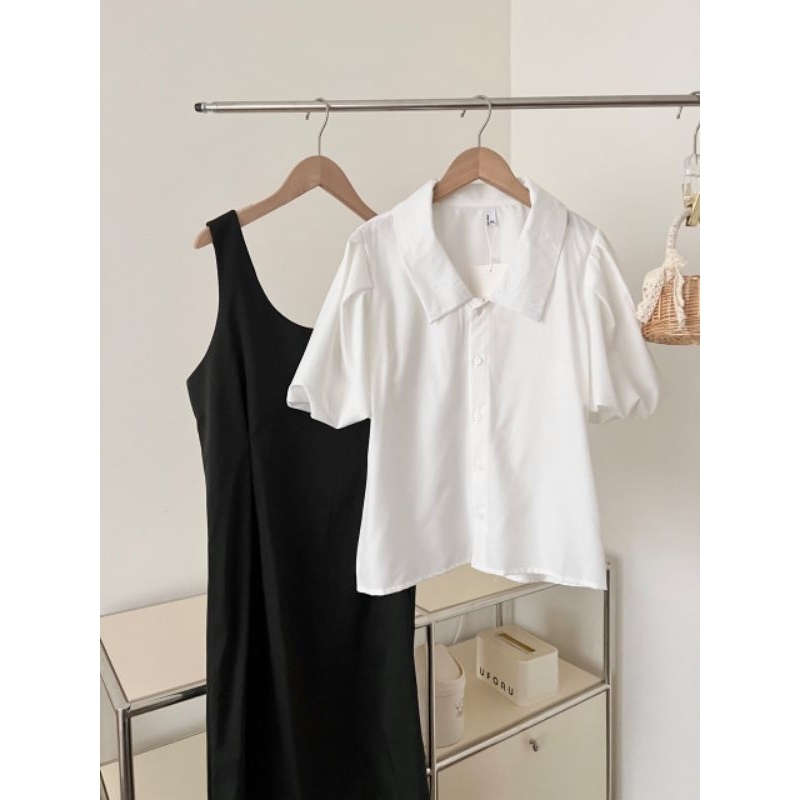 Sét Váy Yếm 2 Dây Nữ Basic Mix Áo Sơ Mi Polo Tay Phồng Trắng Size S M - Halinh Shop