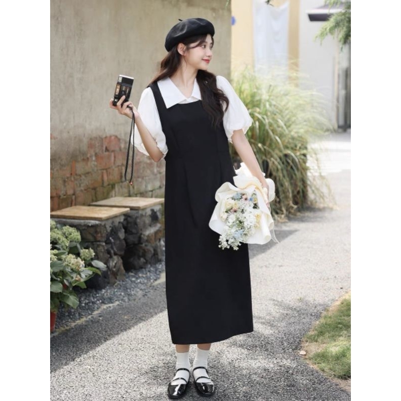 Sét Váy Yếm 2 Dây Nữ Basic Mix Áo Sơ Mi Polo Tay Phồng Trắng Size S M - Halinh Shop