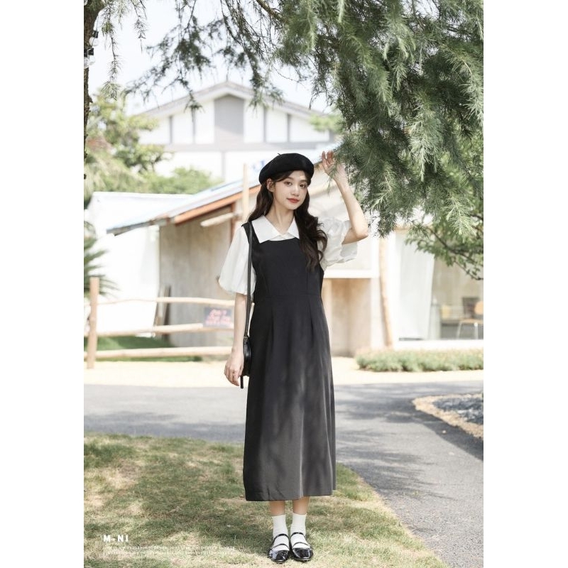 Sét Váy Yếm 2 Dây Nữ Basic Mix Áo Sơ Mi Polo Tay Phồng Trắng Size S M - Halinh Shop