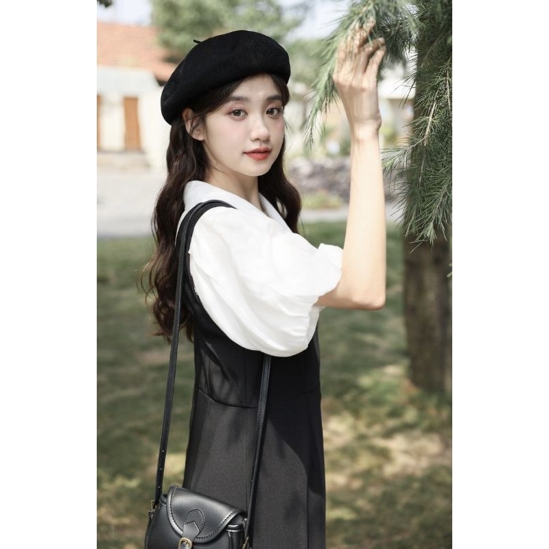 Sét Váy Yếm 2 Dây Nữ Basic Mix Áo Sơ Mi Polo Tay Phồng Trắng Size S M - Halinh Shop