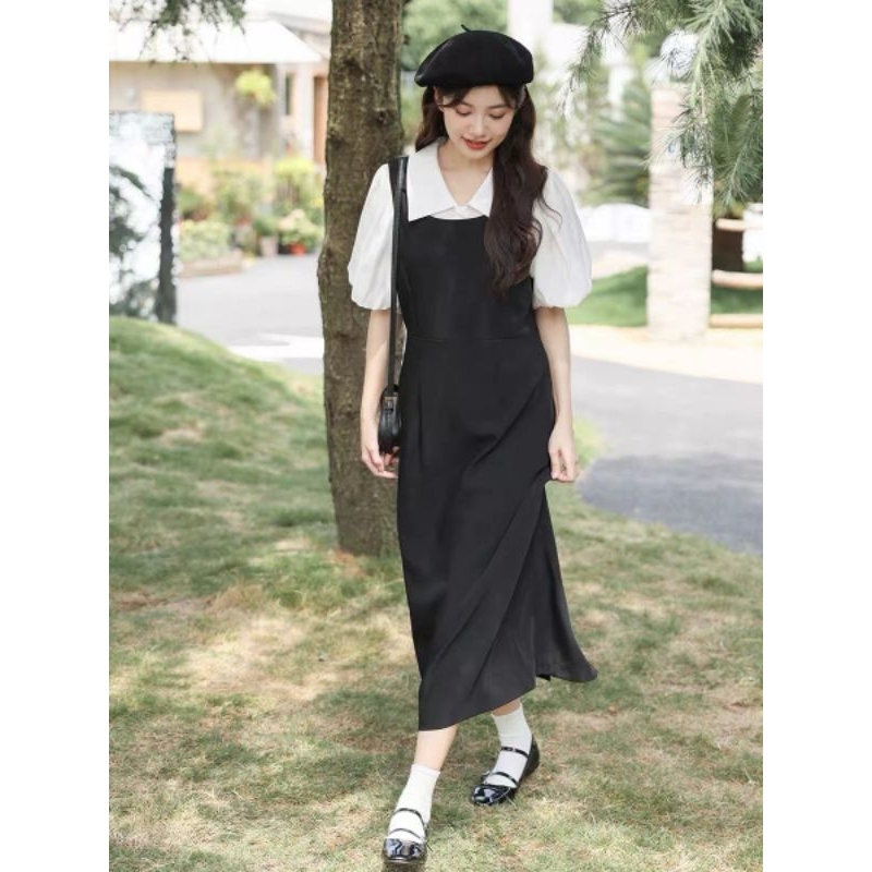 Sét Váy Yếm 2 Dây Nữ Basic Mix Áo Sơ Mi Polo Tay Phồng Trắng Size S M - Halinh Shop