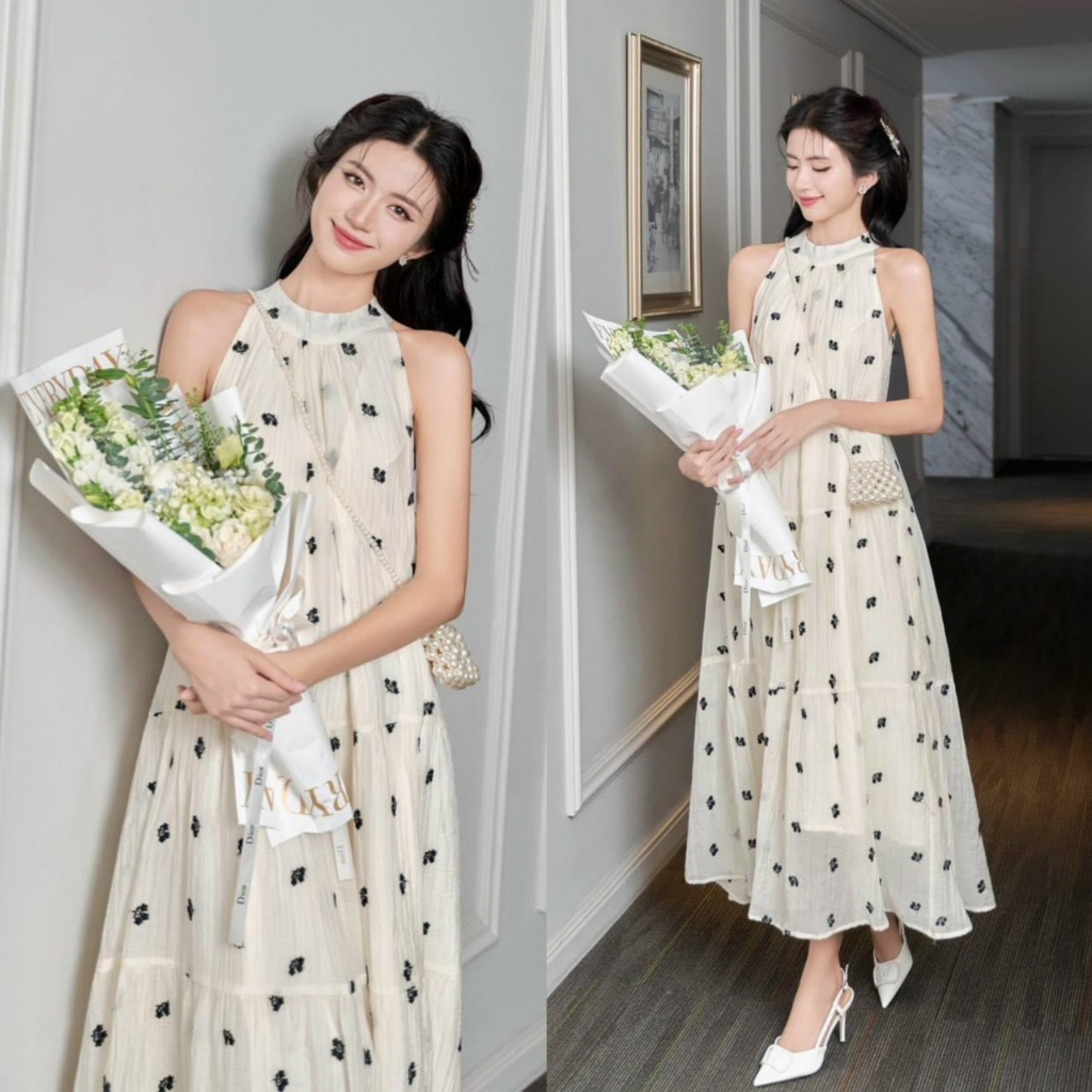 Đầm hoa maxi suôn nữ cổ yếm form rộng dễ thương vintage mặc đi chụp ảnh,dã ngoại ( áo có lót )