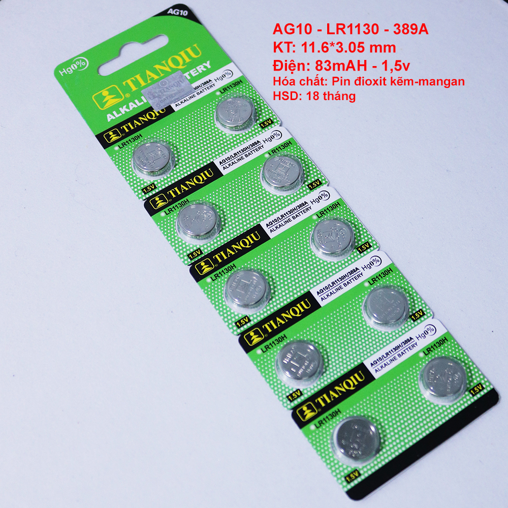 1 Vỉ 10 viên pin AG10 - LR1130 - 389A - 1,5V  đồng hồ đeo tay đồ điện tử CRNAIRA