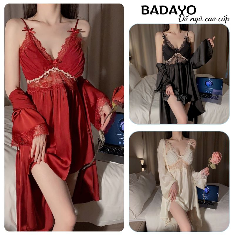 Đầm ngủ lụa 2 dây phối ren có mút đệm ngực sang chảnh gợi cảm quyến rũ BADAYO