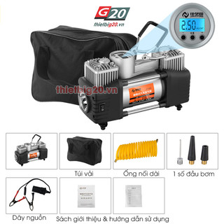Máy bơm lốp GXE12-2 với 2 xi-lanh tốc độ cao, tích hợp đèn pin, đồng hồ điện tử (Điện 12V)