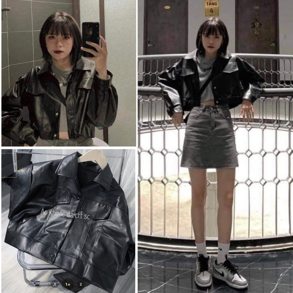 Áo khoác da croptop có túi, áo khoác da nữ tay dài cúc bấm phong cách cá tính năng động M7