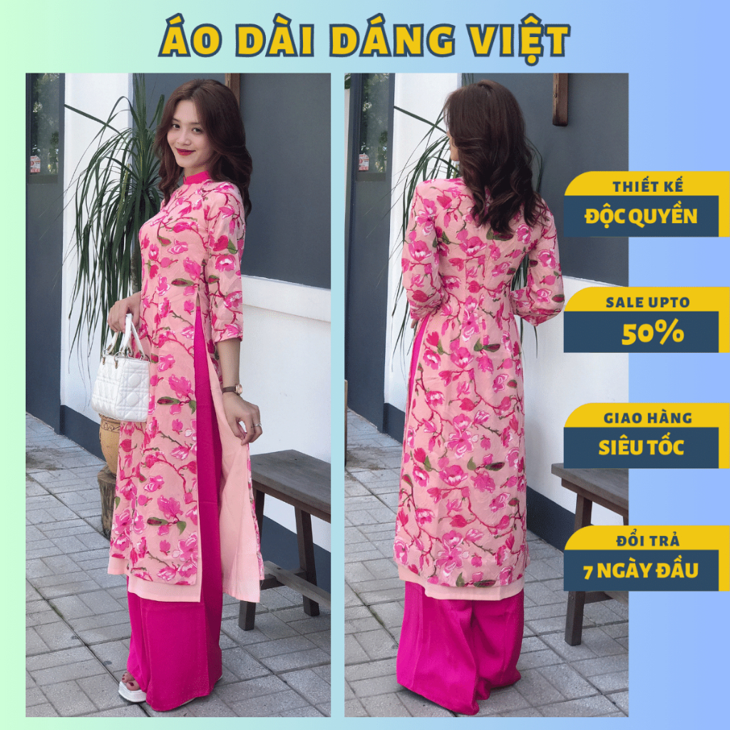 Áo dài cách tân nữ 4 tà hoa nhí màu hồng cánh sen may sẵn chất liệu tơ lụa cao cấp sang trọng