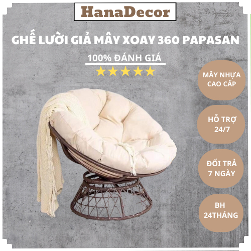 Ghế lười thư giãn Papasan HanaDecor giả mây lõi thép cao cấp XOAY 360 trang trí phòng khách, decor ban công nằm thư giãn