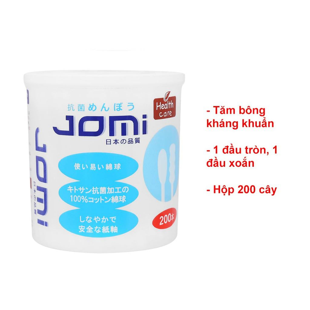 Tăm bông kháng khuẩn Jomi đầu tròn và xoắn hộp 200 cây