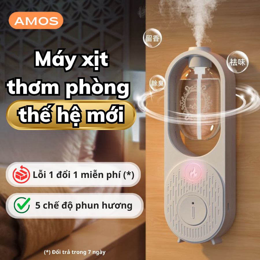 Máy xịt thơm phòng tự động AMOS treo tường, Máy xông tinh dầu phòng ngủ pin sạc 500mAh kèm tinh dầu nước hoa 50ml