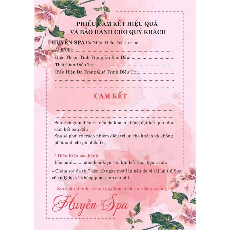 Combo 100 tờ Phiếu spa - bảo hành điều trị