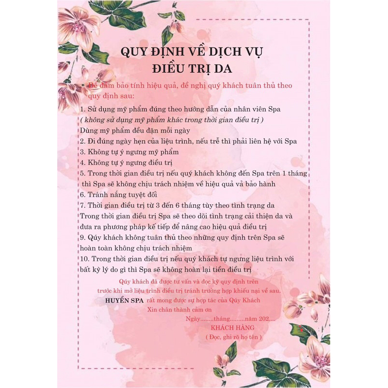 Combo 100 tờ Phiếu spa - bảo hành điều trị