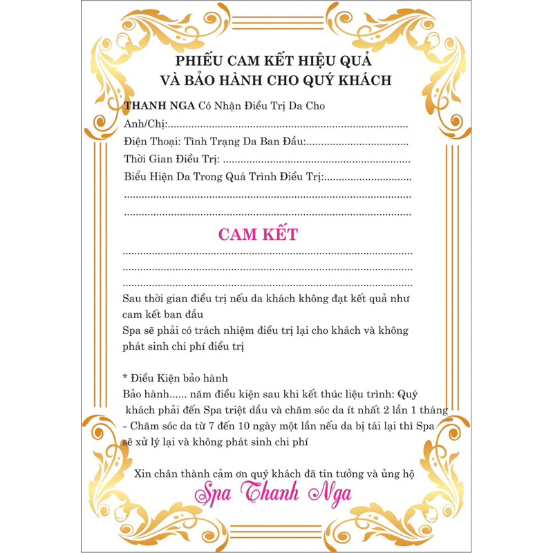 Combo 100 tờ Phiếu spa - bảo hành điều trị