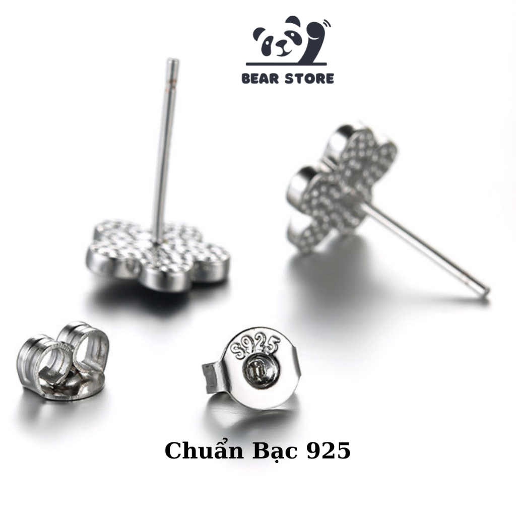 Khuyên tai nữ bạc BEARSTORE2202, bông tai nữ bạc Ý 925, hoa tai nữ chốt bi vặn tránh gây đau tai