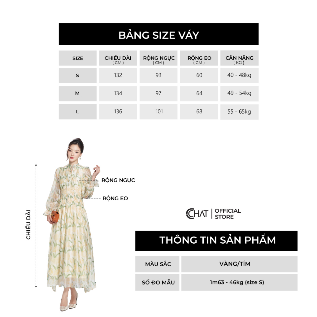 Đầm Nữ 𝐂𝐂𝐇𝐀𝐓 Họa Tiết Chun Eo Tay Dài Dáng Xòe Chất Voan Bay Bổng 13VDV5004XT