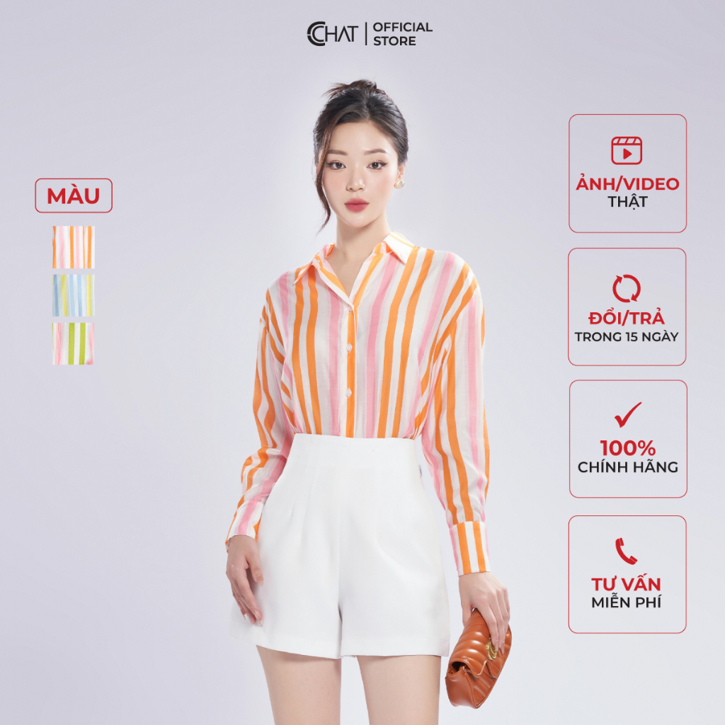 Áo Sơ Mi Nữ 𝐂𝐂𝐇𝐀𝐓 Dáng Suông Basic Vai Rơi Họa Tiết Chất Voan Cao Cấp 13SDV5010ST