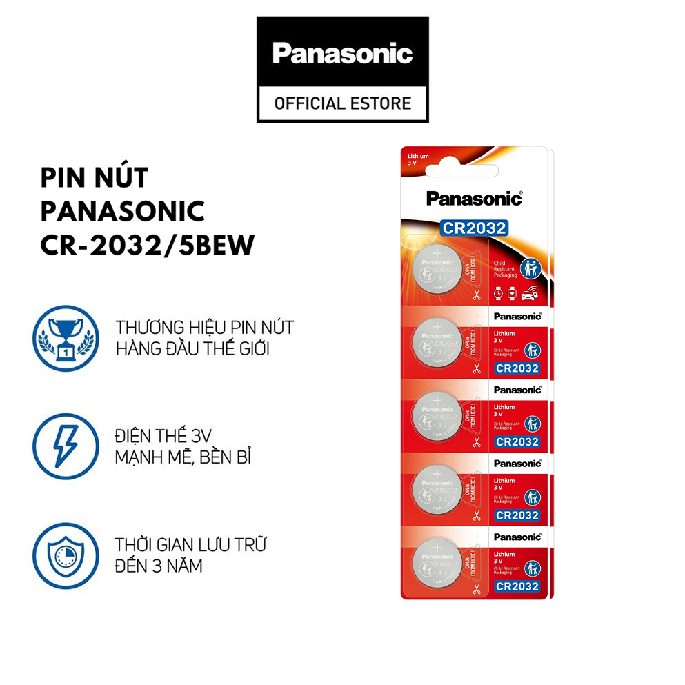 Vỉ 5 viên Pin nút Panasonic 3V CR-2032/5BEW - Hàng chính hãng