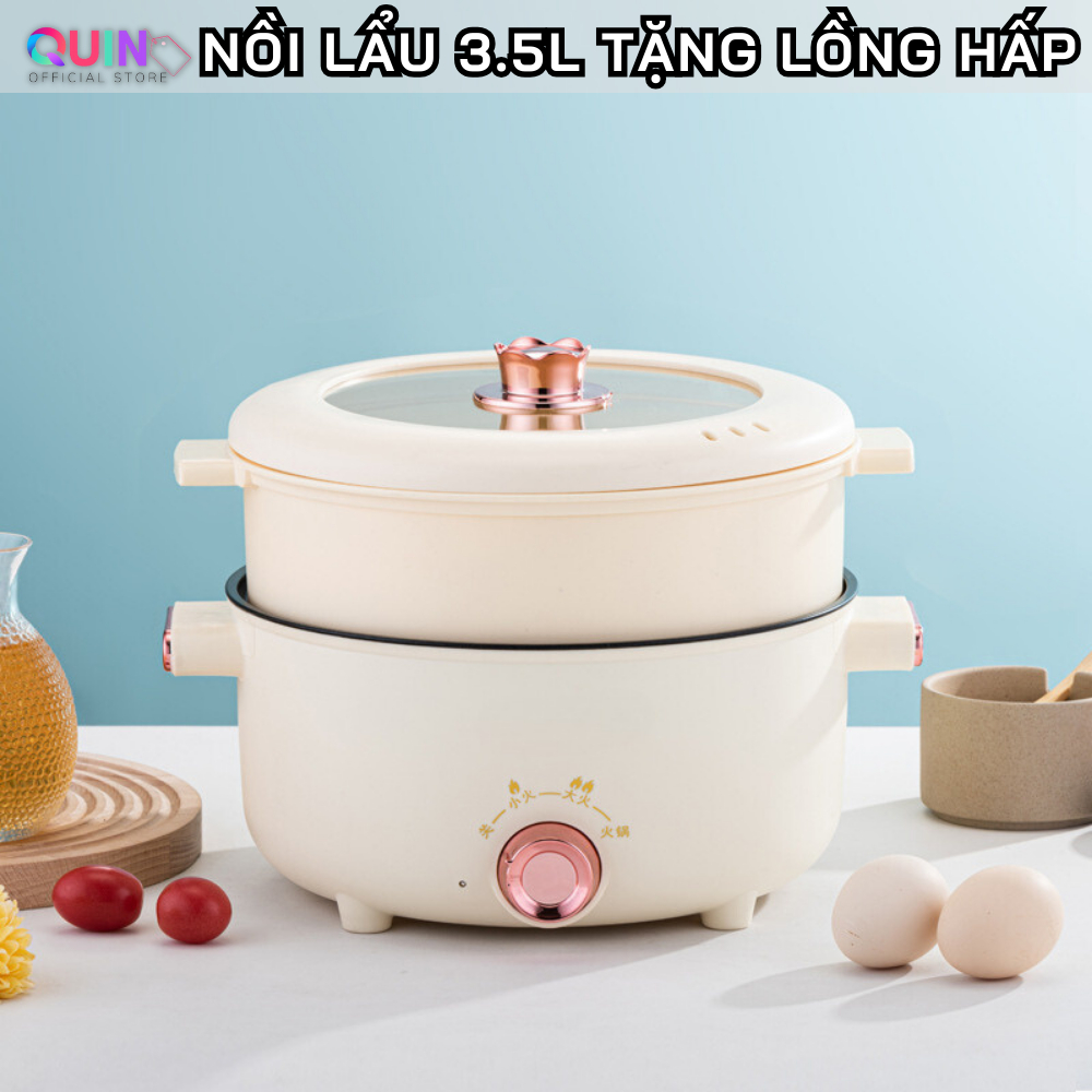 Nồi lẩu điện 2 tầng 3,5 lít kèm xửng hấp có thể dùng chiên xào nấu đa năng tiết kiệm điện cho 4-5 người
