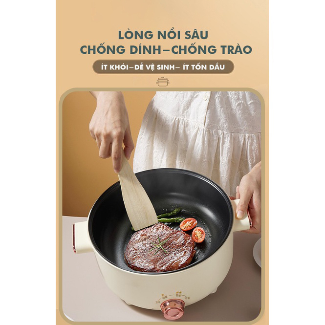 Nồi lẩu điện 2 tầng 3,5 lít kèm xửng hấp có thể dùng chiên xào nấu đa năng tiết kiệm điện cho 4-5 người