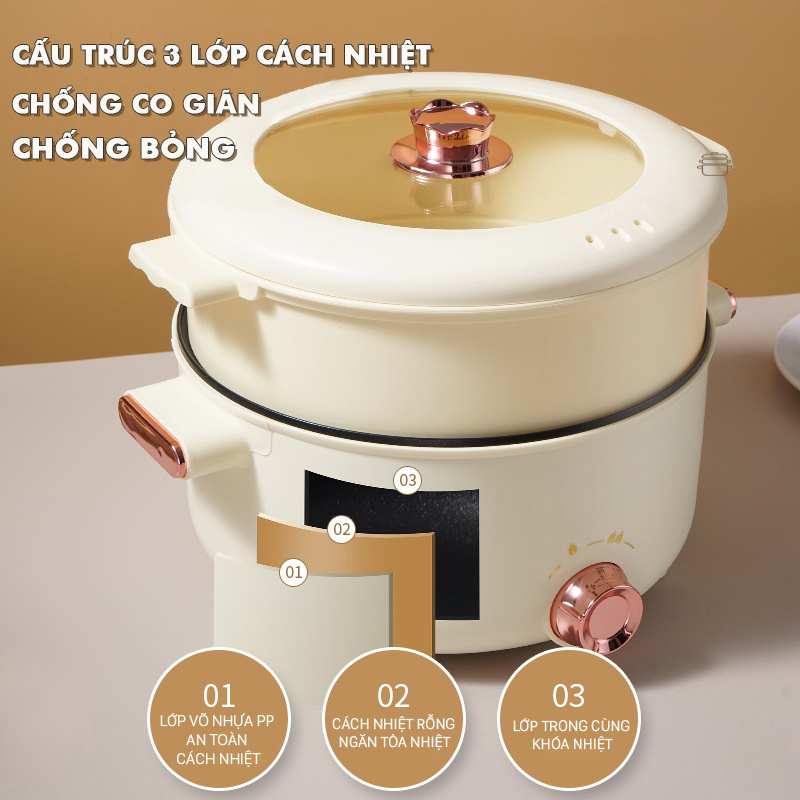 Nồi lẩu điện 2 tầng 3,5 lít kèm xửng hấp có thể dùng chiên xào nấu đa năng tiết kiệm điện cho 4-5 người